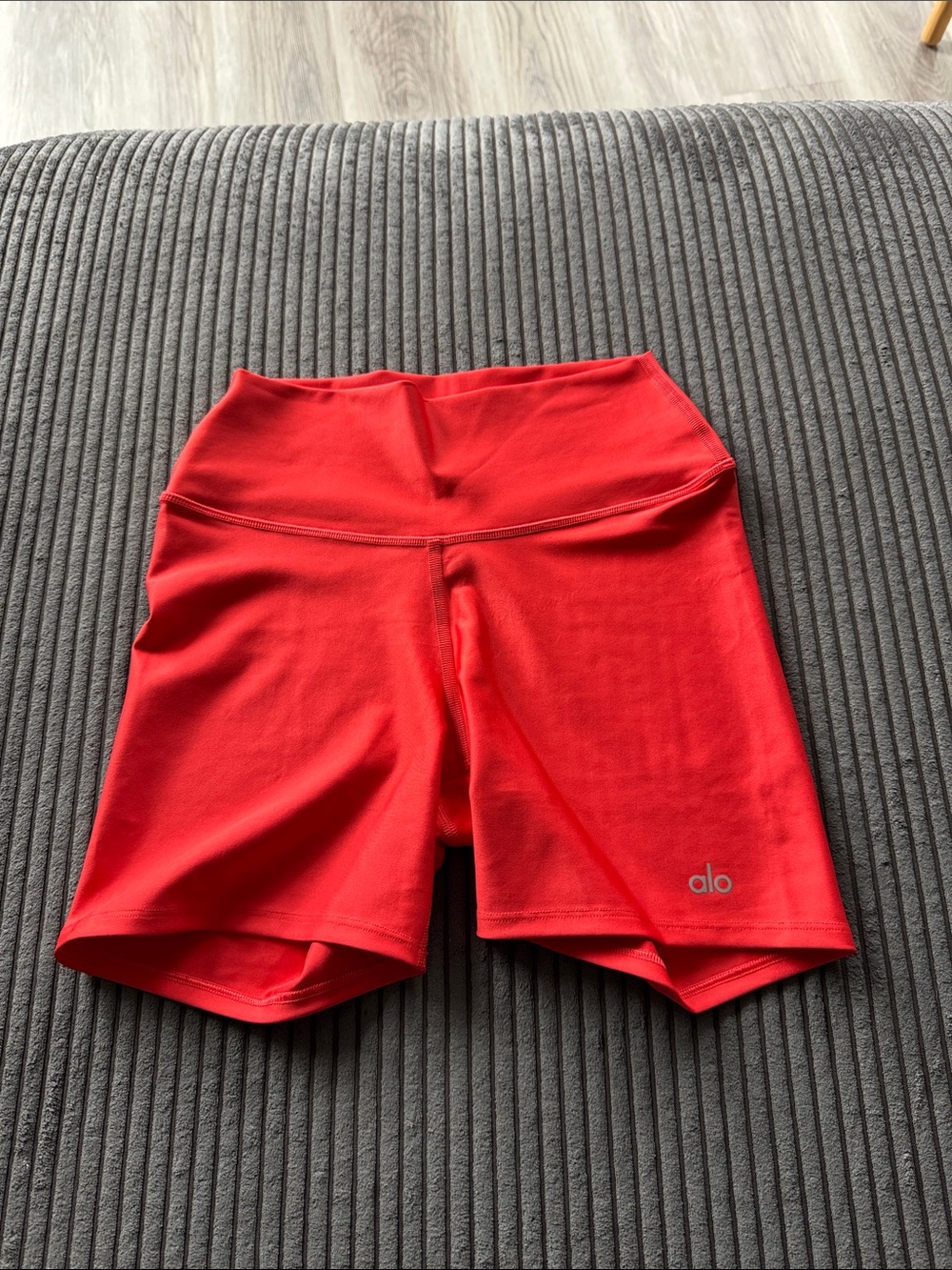 ALO Yoga High-Rise Red Bike Shorts with Subtle Logo